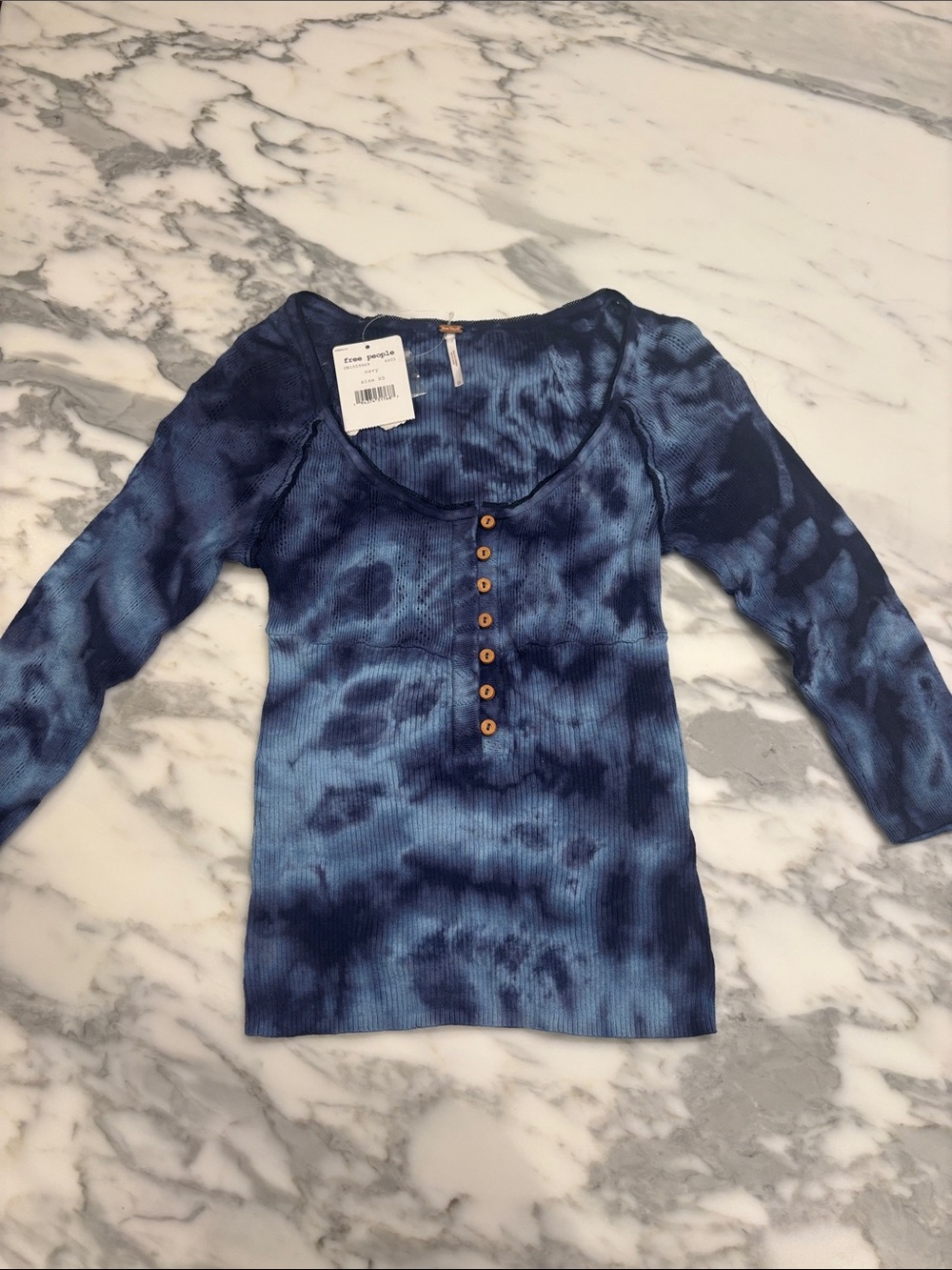 Free People Blue Tie-Dye Ribbed Henley Top